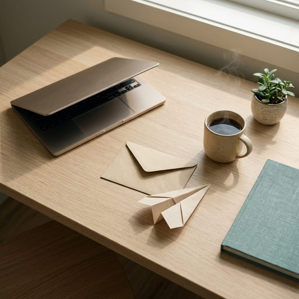 Mesa com notebook, envelope e um avião de papel