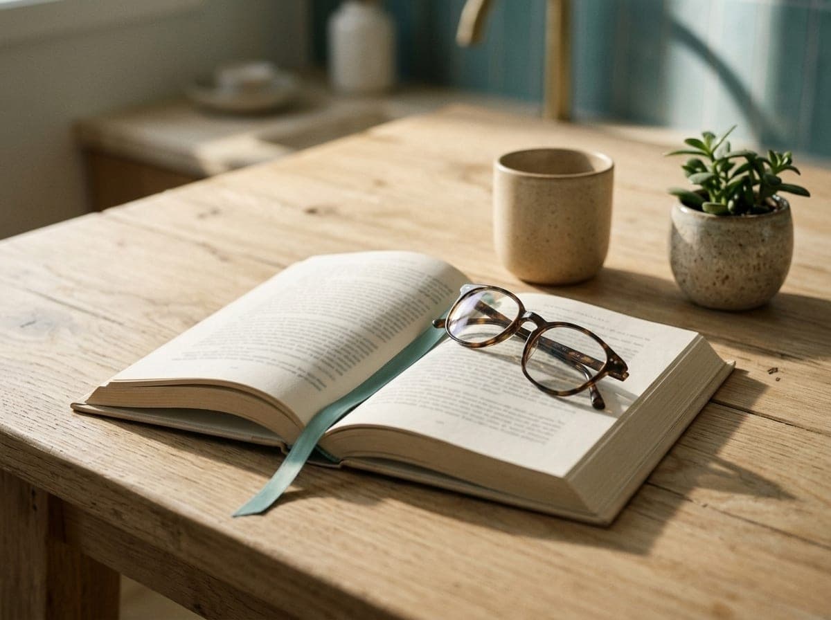 Livro aberto com marcador e óculos de leitura sobre a mesa