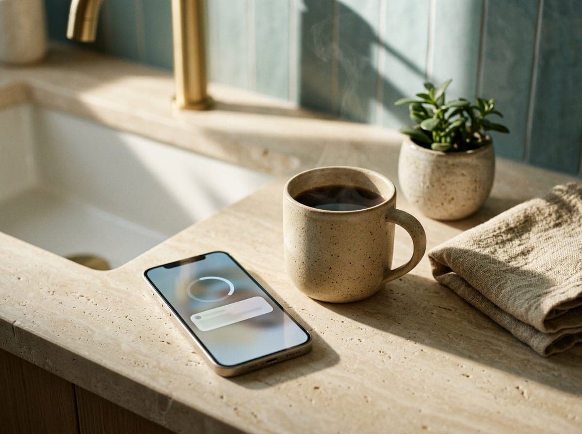 Celular com um lembrete na tela ao lado de uma xícara de café na pia
