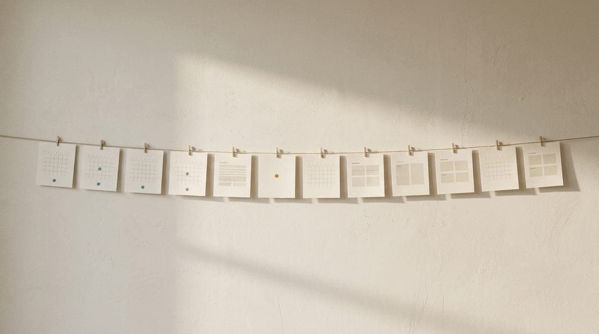 Doze folhas de calendário presas em fila num varal na parede