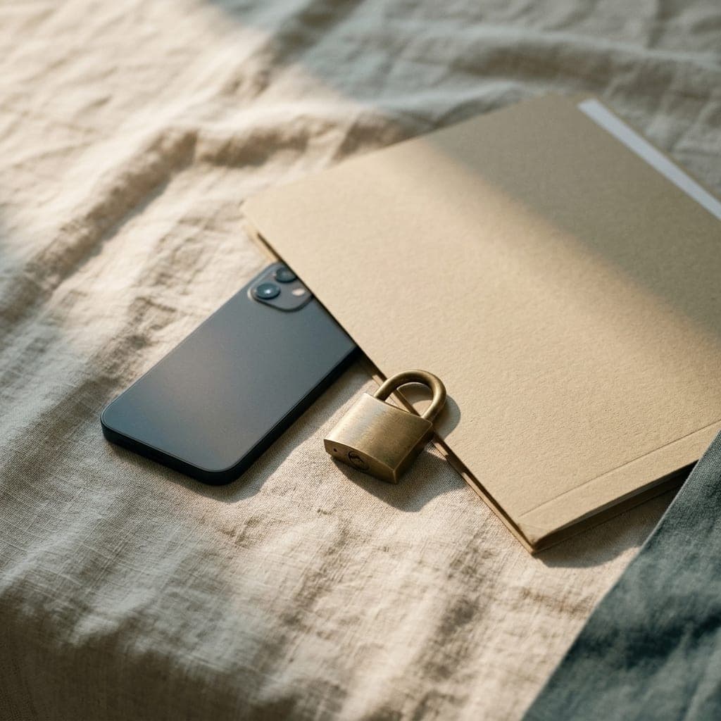 Celular virado para baixo ao lado de um cadeado e de uma pasta fechada