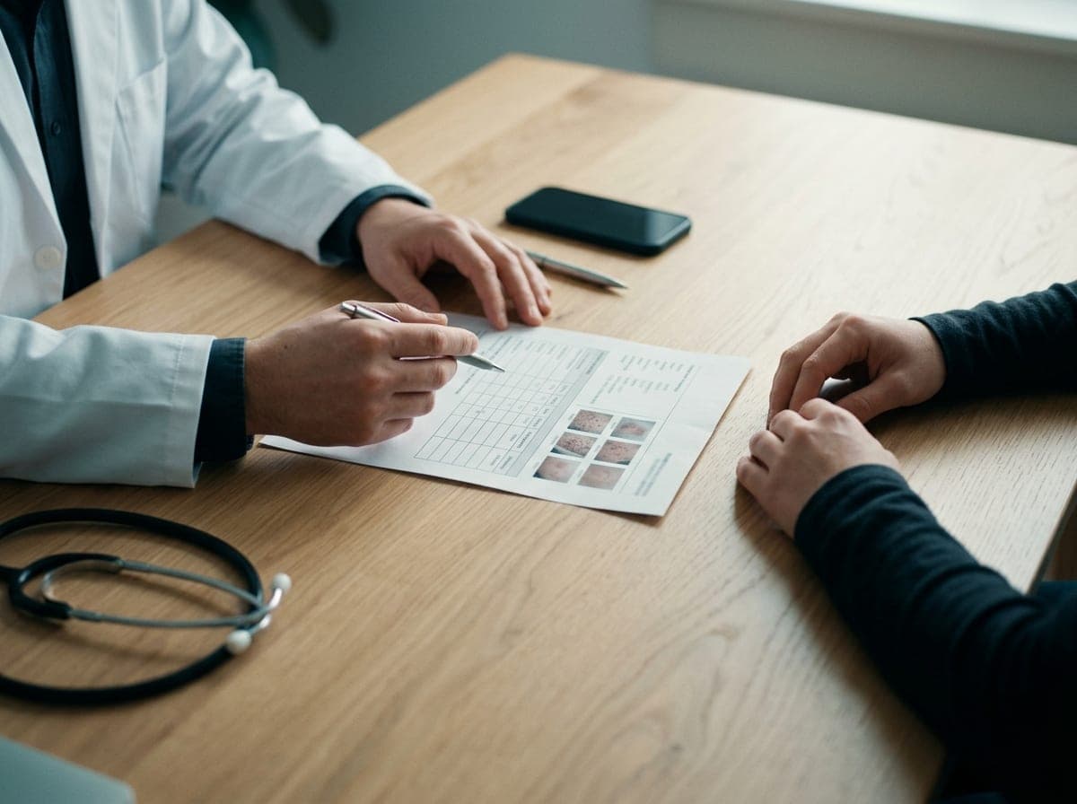 Médico e paciente à mesa olhando um relatório impresso